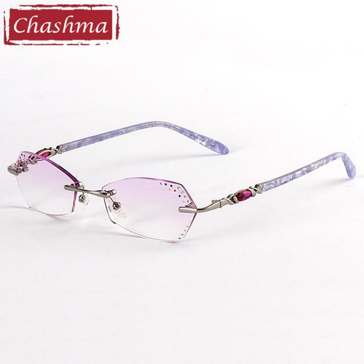 Women's Rimless Diamond Cut Alloy Frame Tinted Lens Eyeglasses 016 Rimless Chashma Silver Blue  