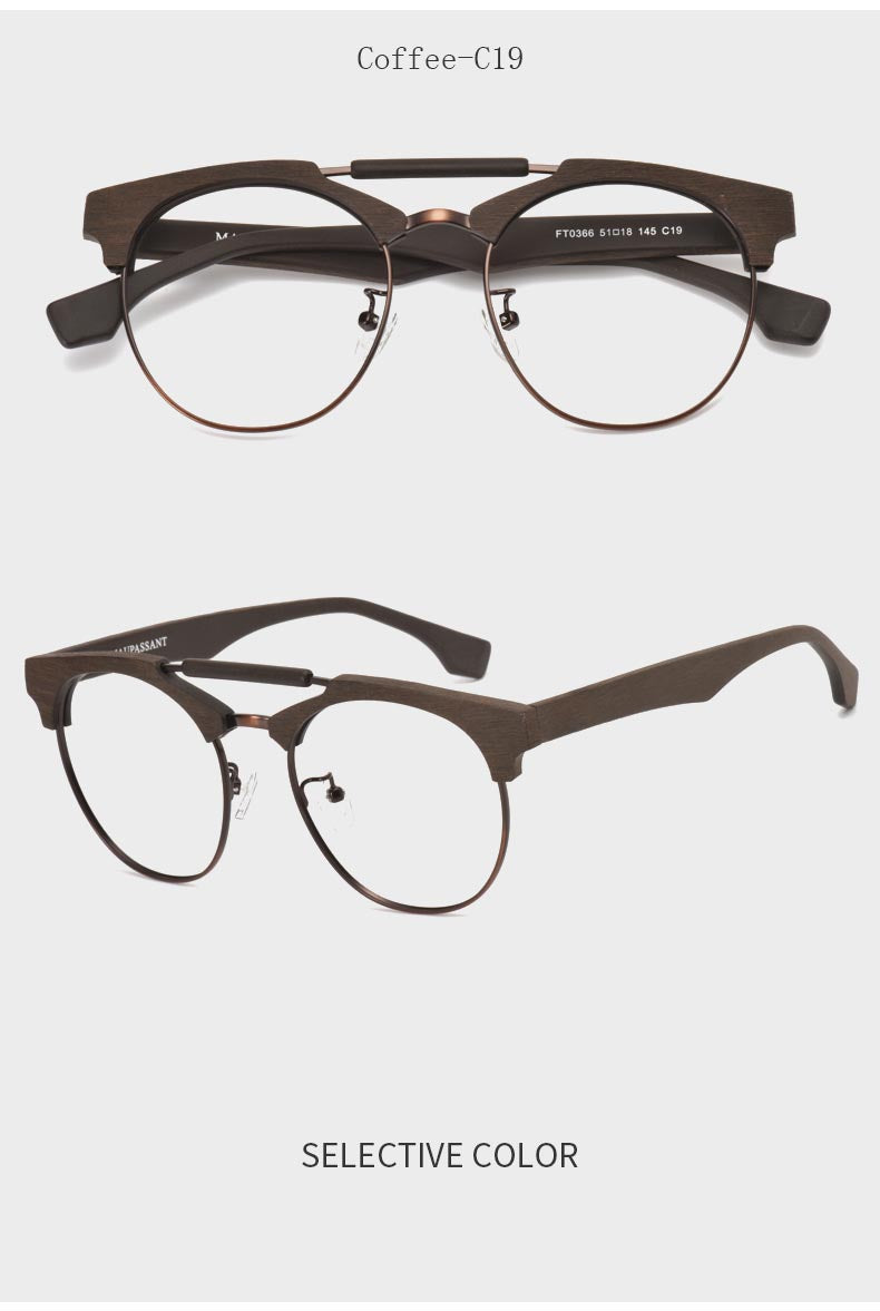 Hdcrafter Unisex Full Rim Round Wood Alloy Double Bridge Frame Eyeglasses Ft0366 Full Rim Hdcrafter Eyeglasses   