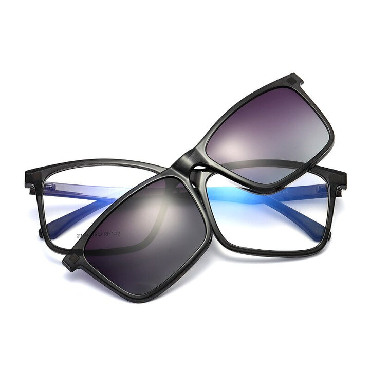 Yimaruili Men's Full Rim TR 90 Resin Frame Eyeglasses Polarized Clip On Sunglasses  2126 Clip On Sunglasses Yimaruili Eyeglasses Brihgt Black C5  