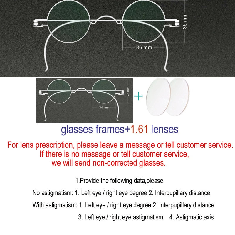 Unisex Handcrafted Optional Circle Diameter Stainless Steel Frame Customizable Lenses Frame Yujo 36mm 1.61 Index Single Vision  