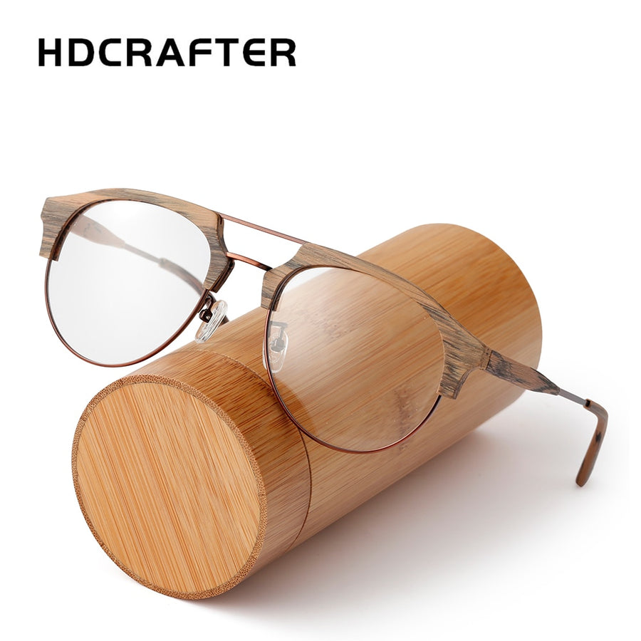 Hdcrafter Men's Full Rim Round Double Bridge Wood Metal Frame Eyeglasses 15144 Full Rim Hdcrafter Eyeglasses   