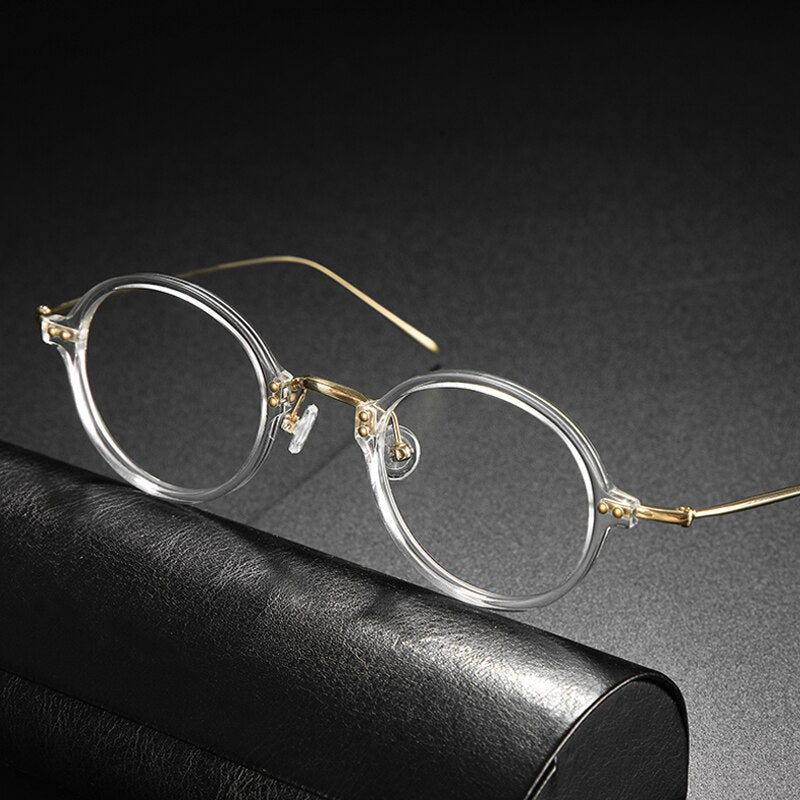 Gatenac Unisex Full Rim Round Acetate Titanium Frame Eyeglasses Gxyj546 Full Rim Gatenac Transparent Gold  