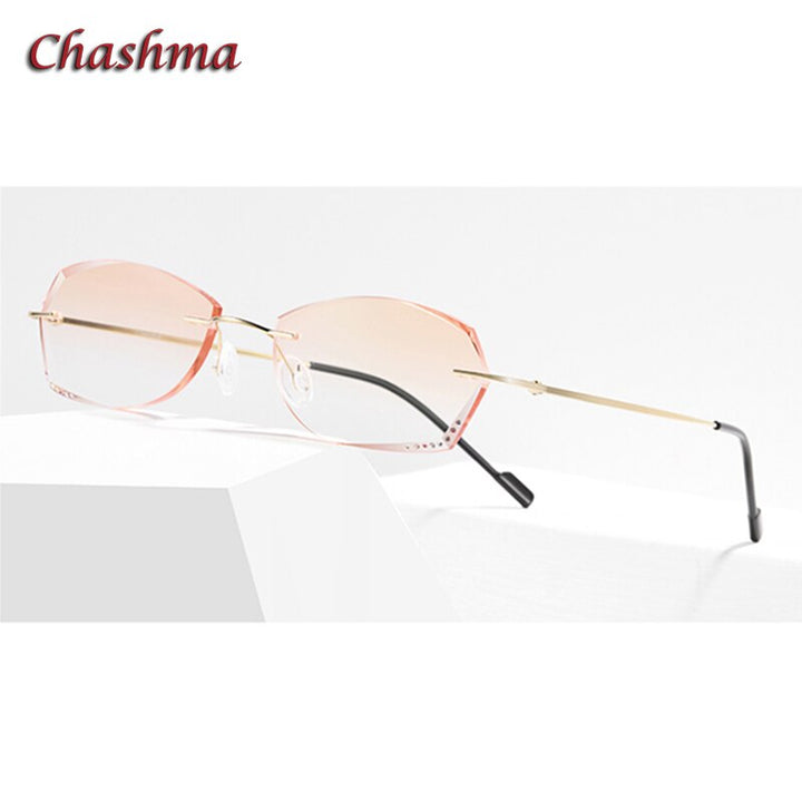 Chashma Ochki Women's Rimless Oval Rectangle Titanium Eyeglasses 6074 Tinted Lenses Rimless Chashma Ochki Gold Brown Fold  
