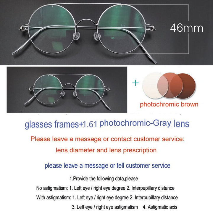 Unisex Handcrafted Steel Round Double Bridge Frame Eyeglasses Customizable Lenses Frame Yujo Photosensitive Brown China 