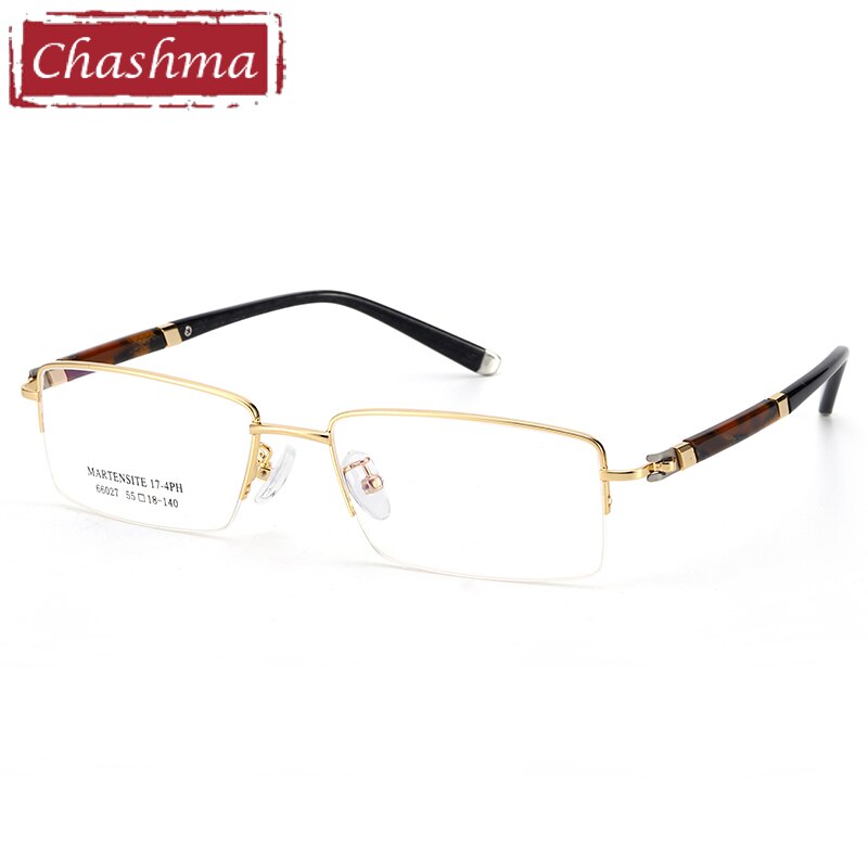 Men's Semi Rimmed Titanium Alloy Frame Rectangle Eyeglasses 66027 Semi Rim Chashma Gold  