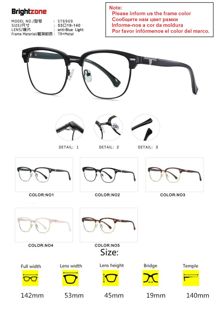 Men's Eyeglasses Computer Glasses Anti Blue Ray Light Cr39 Frame Brightzone 6909 tell framecolor  