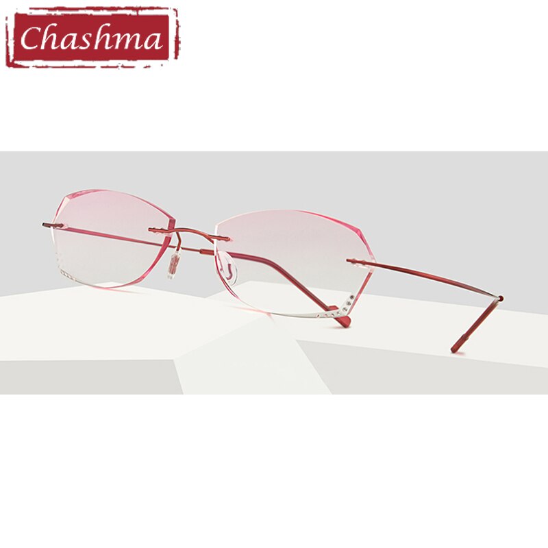 Women's Rimless Diamond Cut Tinted Lens Eyeglasses Titanium Frame 6074-9066 Rimless Chashma Red without Fold  