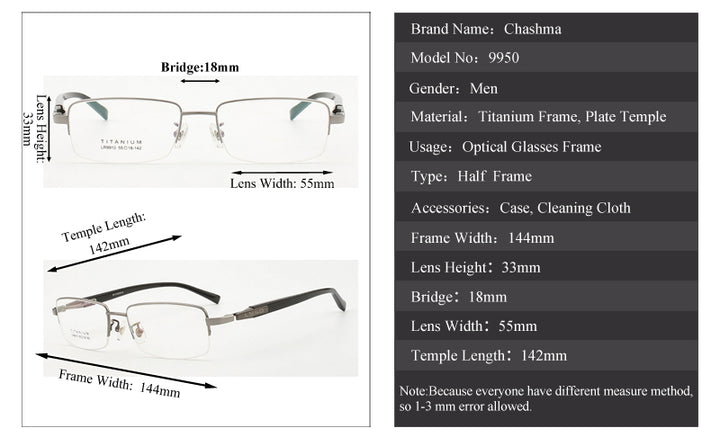 Chashma Ochki Men's Semi Rim Rectangle Titanium Eyeglasses 9910 Semi Rim Chashma Ochki   