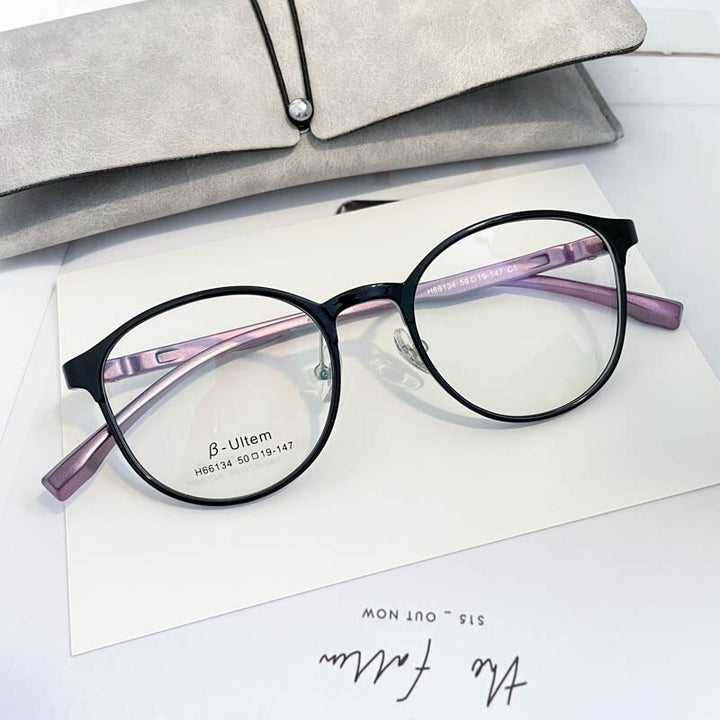 KatKani Unisex Full Rim Round β Ultem Steel Frame Eyeglasses H66134 Full Rim KatKani Eyeglasses Bright Black Purple  