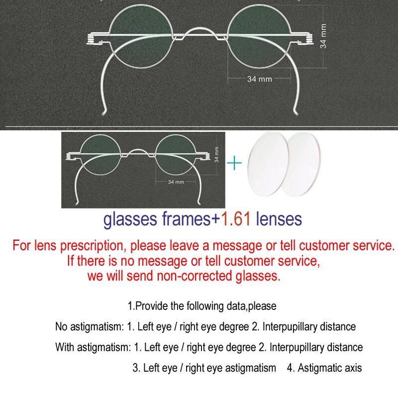 Unisex Handcrafted Optional Circle Diameter Stainless Steel Frame Customizable Lenses Frame Yujo 34mm 1.61 Index Single Vision  