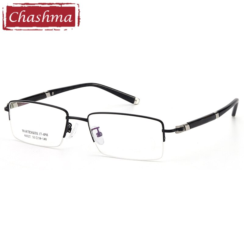 Men's Semi Rimmed Titanium Alloy Frame Rectangle Eyeglasses 66027 Semi Rim Chashma Black  