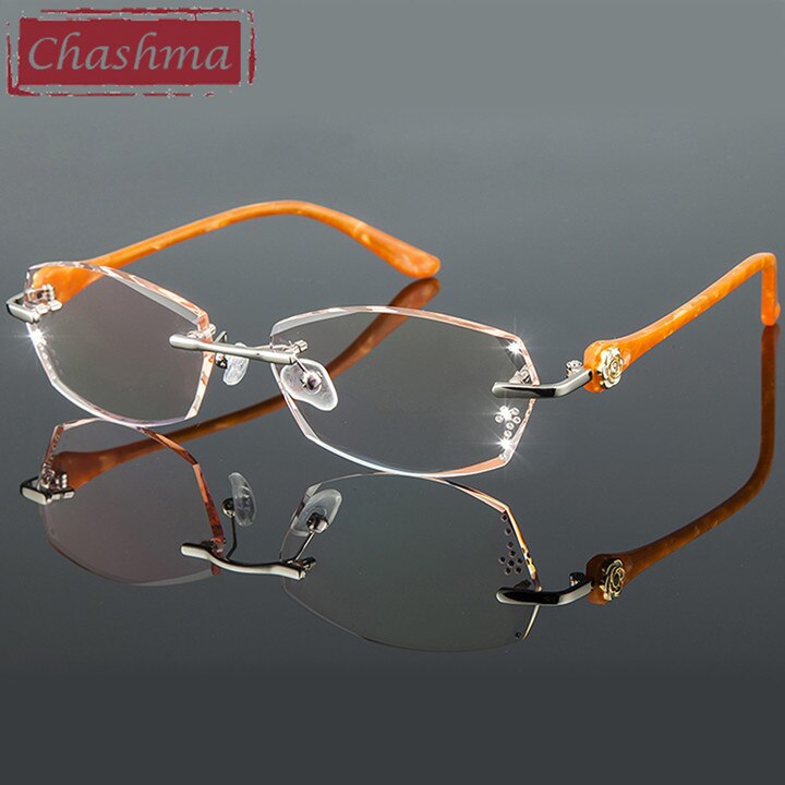 Chashma Ottica Women's Rimless Irregular Rectangle Titanium Eyeglasses Tinted Lenses 58031 Rimless Chashma Ottica Brown  