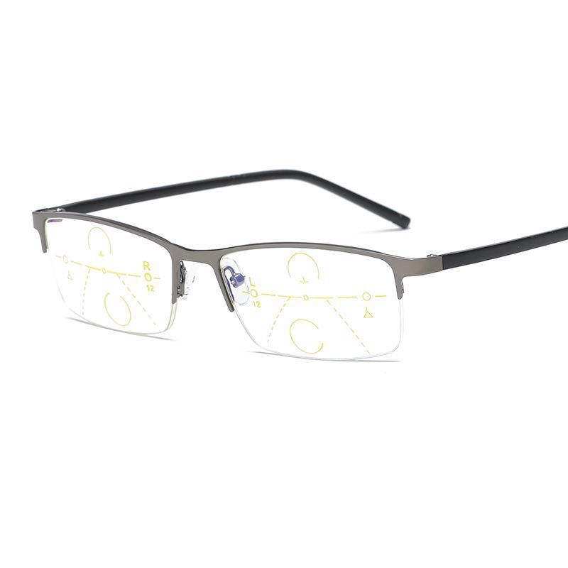 Men's Half Rim Square Alloy Metal Frame Progressive Lens Reading Glasses 00-400 Reading Glasses Brightzone +100 Gun gray 