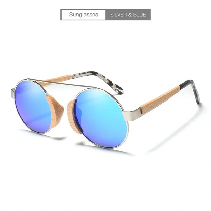 Hdcrafter Women's Full Rim Wood Metal Round Frame Polarized Sunglasses L3058 Sunglasses HdCrafter Sunglasses SilverBlue China 