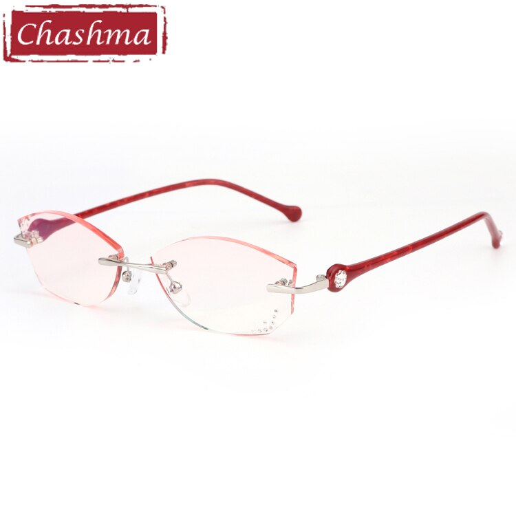 Women's Eyeglasses Rimless Diamond Trimmed Stones 7707 Rimless Chashma Red  