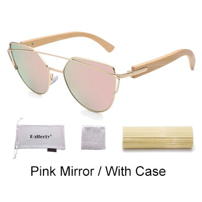 Ralferty Women's Cat Eye Bamboo Wood Mirror Sunglasses K1585 Sunglasses Ralferty Pink - With Case China As picture
