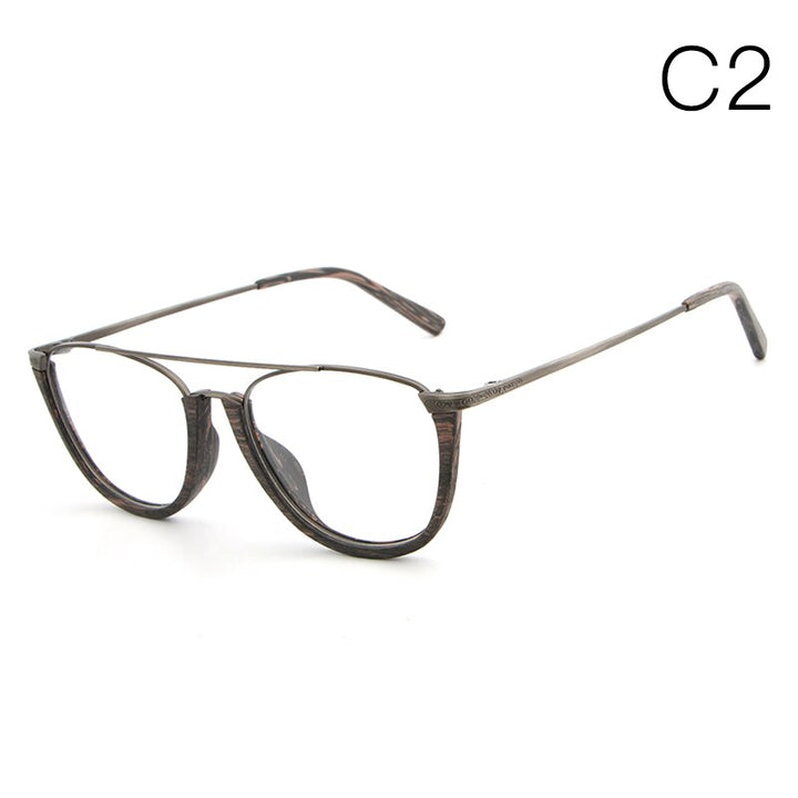 Hdcrafter Unisex Full Rim Round Wood Metal Double Bridge Frame Eyeglasses Lhb032 Full Rim Hdcrafter Eyeglasses C2  