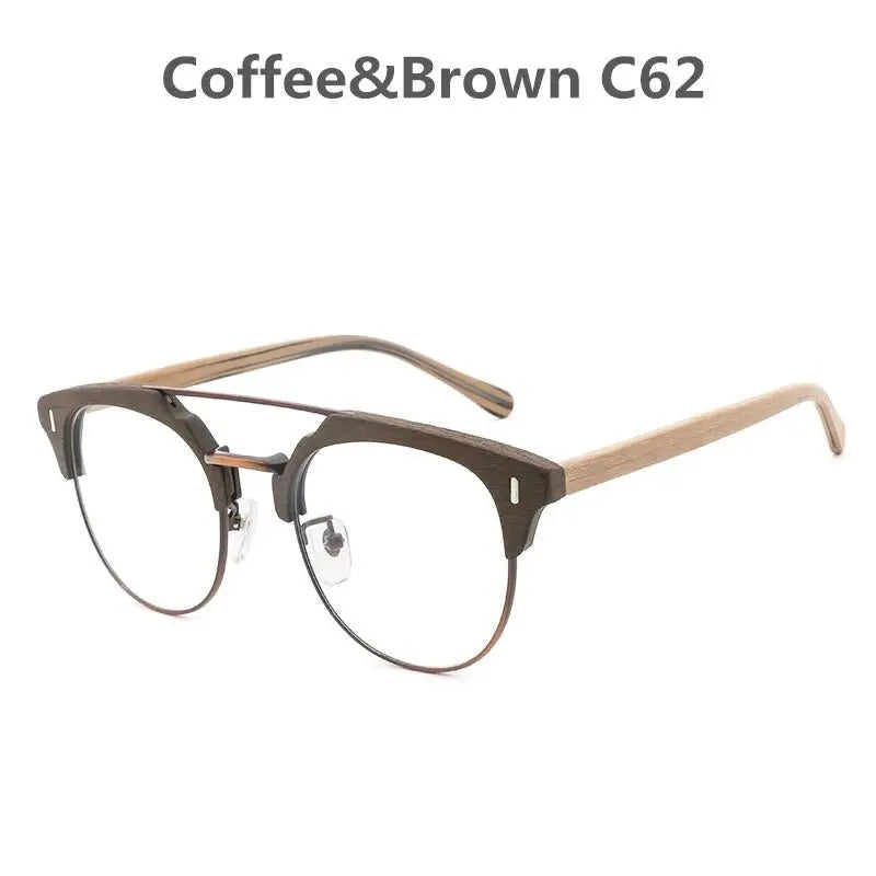 Hdcrafter Unisex Full Rim Round Wood Metal Frame Eyeglasses Bc01.