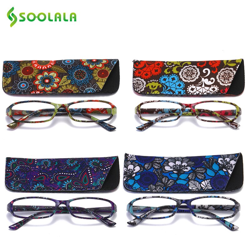Soolala 4Pcs Womens Reading Glasses Spring Hinge Rectangular Printed Reading Glasses W/ Matching Pouch +1.0 1.5 1.75 2.25 To 4.0 Reading Glasses SOOLALA 4 Color Mixed +100 