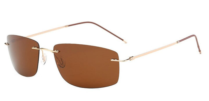 Men's Sunglasses Polarized Rimless Titanium Mirror Color Sunglasses Brightzone Gold Rim Brown  