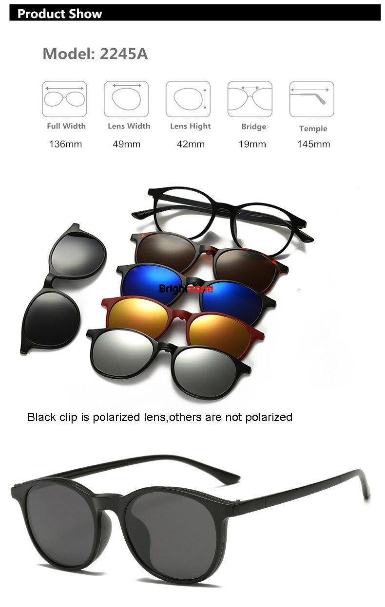 Unisex Eyeglasses Clip On Sunglasses 5 +1 Set 2201 Clip On Sunglasses Brightzone 2245A  
