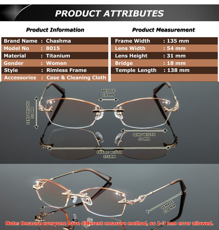 Chashma Ottica Women's Rimless Irregular Rectangle Titanium Eyeglasses Tinted Lenses 8015 Rimless Chashma Ottica   