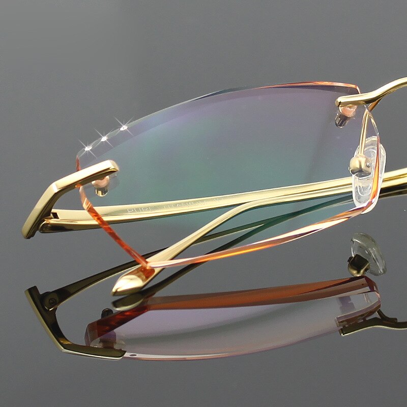 Chashma Ottica Men's Rimless Rectangle Titanium Eyeglasses Tinted Lenses 077 Rimless Chashma Ottica Gold with Brown  