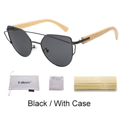 Ralferty Women's Cat Eye Bamboo Wood Mirror Sunglasses K1585 Sunglasses Ralferty Black - With Case China As picture