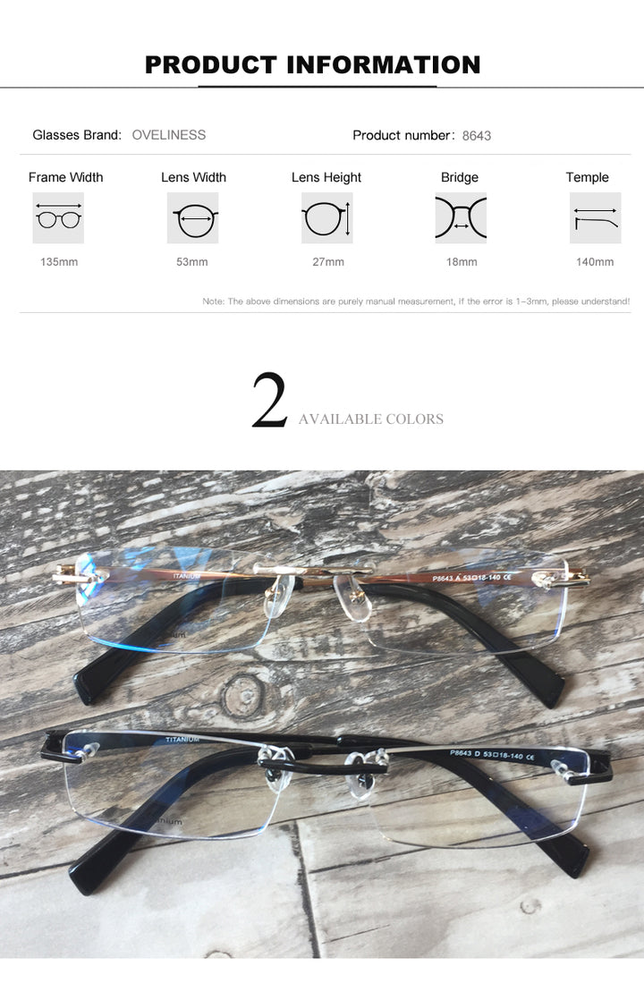 Oveliness Men's Rimless Square Rectangle Titanium Eyeglasses 8643 Rimless Oveliness   