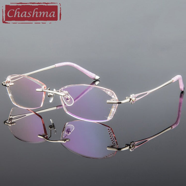 Women's Rimless Eyeglasses Square Diamond Trimmed 856 Rimless Chashma Pink  