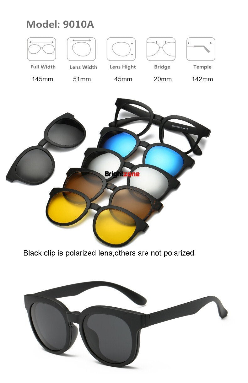Unisex Eyeglasses Clip On Sunglasses 5 +1 Set 2201 Clip On Sunglasses Brightzone 9010A  