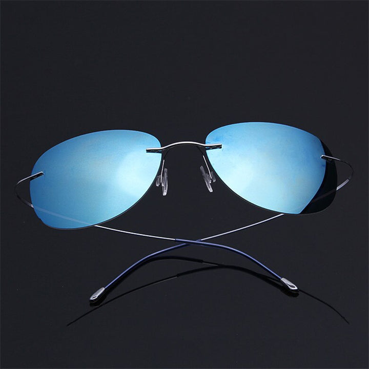 Men's Sunglasses Pure Titanium Rimless Polarized Ultra-light Flexible Sunglasses Brightzone Silver Cold Blue  