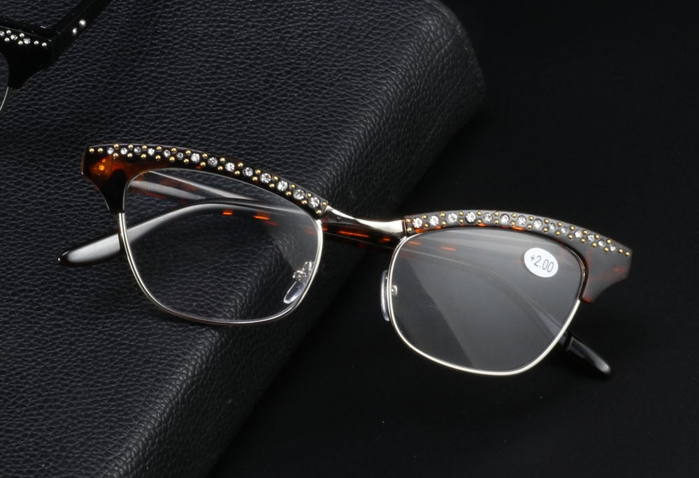 Women's Reading Glasses Cat Eye Crystal Rhinestone Decoration 27g Reading Glasses SunSliver +100 Leopard 