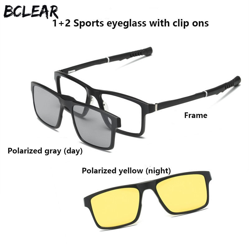 Unisex Sport Clip On Sunglasses Night Vision Titanium Eyeglasses 2212 With Clip Ons Bclear   