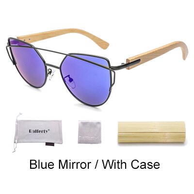 Ralferty Women's Cat Eye Bamboo Wood Mirror Sunglasses K1585 Sunglasses Ralferty Blue -With Case China As picture
