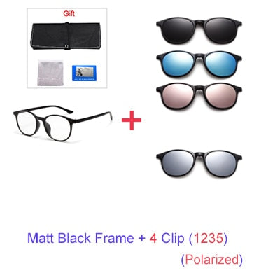 Ralferty Women's Full Rim Round Tr 90 Eyeglasses With 6 Clip On Polarized Sunglasses A2245 Clip On Sunglasses Ralferty 1Frame 4 Clip 1235 Matt Black 