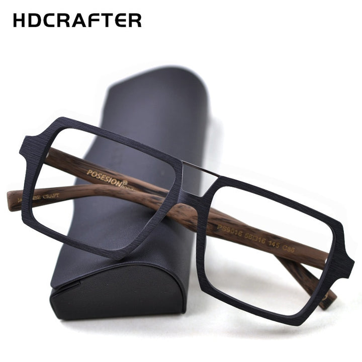 Hdcrafter Unisex Full Rim Square Double Bridge Wood Alloy Frame Oversize Eyeglasses Ps9016 Full Rim Hdcrafter Eyeglasses   