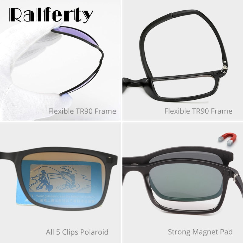 Ralferty Polarized Sunglasses Men Women 5 In 1 Magnetic Clip On Glasses Tr90 Eyewear Frames Eyeglass 8803 Clip On Sunglasses Ralferty   