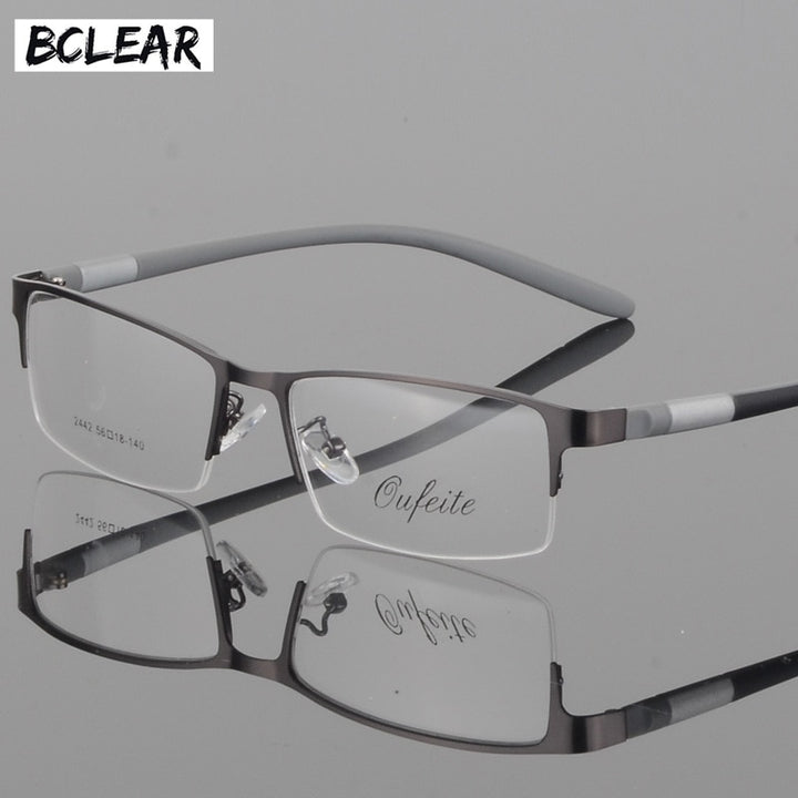 Men's Titanium Square Frame Half Rim Eyeglasses Gp8300 Semi Rim Bclear gray  