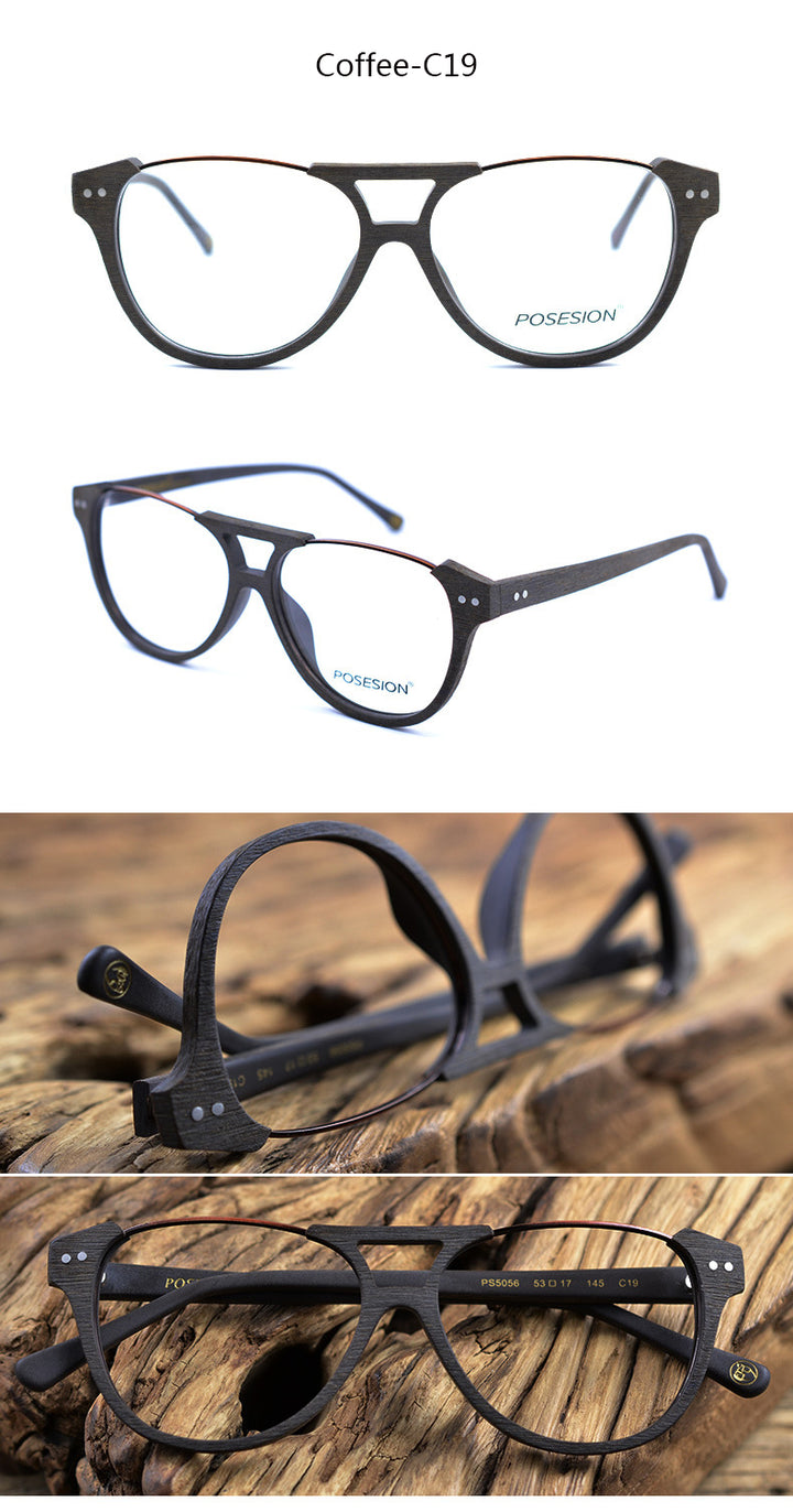 Hdcrafter Unisex Full Rim Round Double Bridge Metal Wood Frame Eyeglasses Ps5056 Full Rim Hdcrafter Eyeglasses   