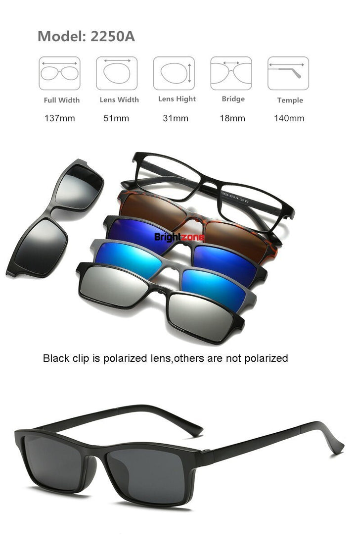 Unisex Eyeglasses Clip On Sunglasses 5 +1 Set 2201 Clip On Sunglasses Brightzone 2250A  