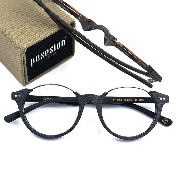 Hdcrafter Unisex Full Rim Round Metal Wood Frame Eyeglasses Ps5059 Full Rim Hdcrafter Eyeglasses   