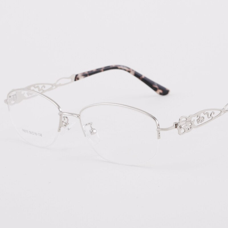 Women's Half Rim Hollow Alloy Frame Eyeglasses 6075 Semi Rim Bclear Silver  