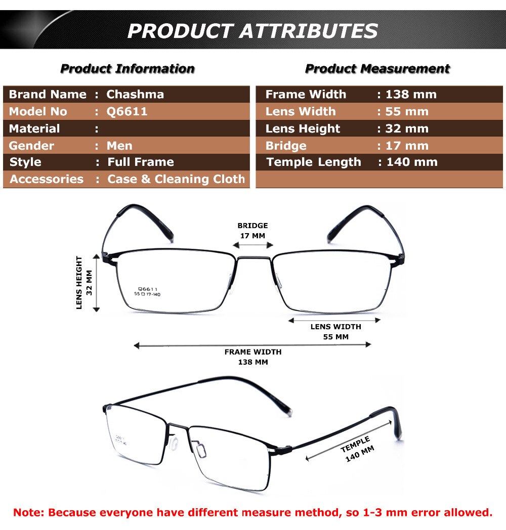 Chashma Ottica Men's Full Rim Square Titanium Alloy Eyeglasses 6611 Full Rim Chashma Ottica   