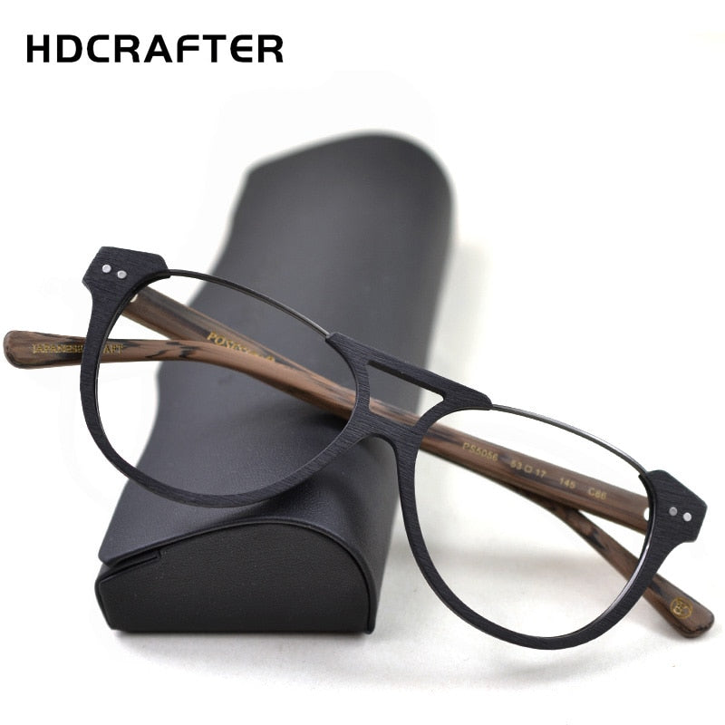 Hdcrafter Unisex Full Rim Round Double Bridge Metal Wood Frame Eyeglasses Ps5056 Full Rim Hdcrafter Eyeglasses   