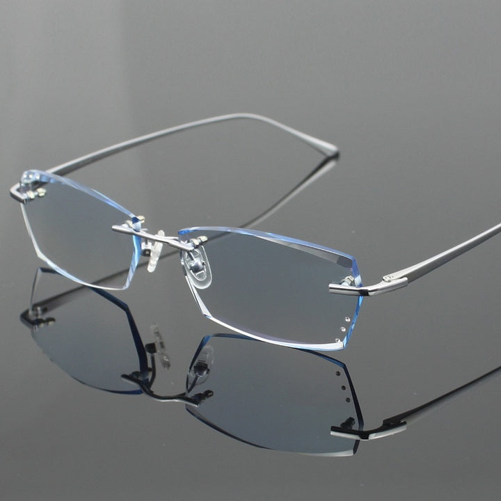 Chashma Ottica Men's Rimless Rectangle Titanium Eyeglasses Tinted Lenses 077 Rimless Chashma Ottica Silver with Blue  