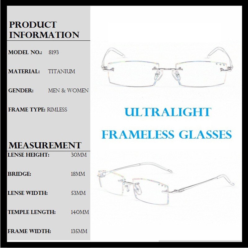 Chashma Ottica Unisex Rimless Square Rectangle Titanium Eyeglasses Tinted Lenses 65077 Rimless Chashma Ottica   