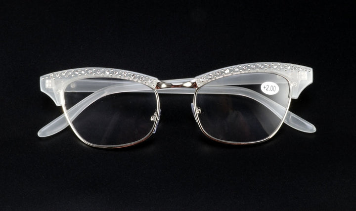 Women's Reading Glasses Cat Eye Crystal Rhinestone Decoration 27g Reading Glasses SunSliver +100 white 