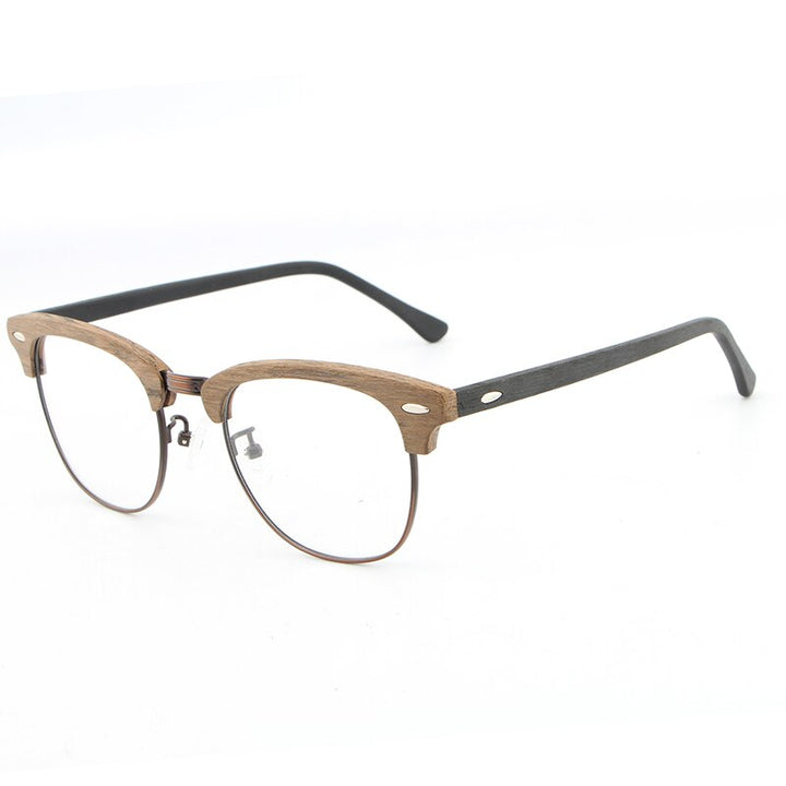 Hdcrafter Unisex Full Rim Round Half Wood Metal Frame Eyeglasses Full Rim Hdcrafter Eyeglasses brown black C90  