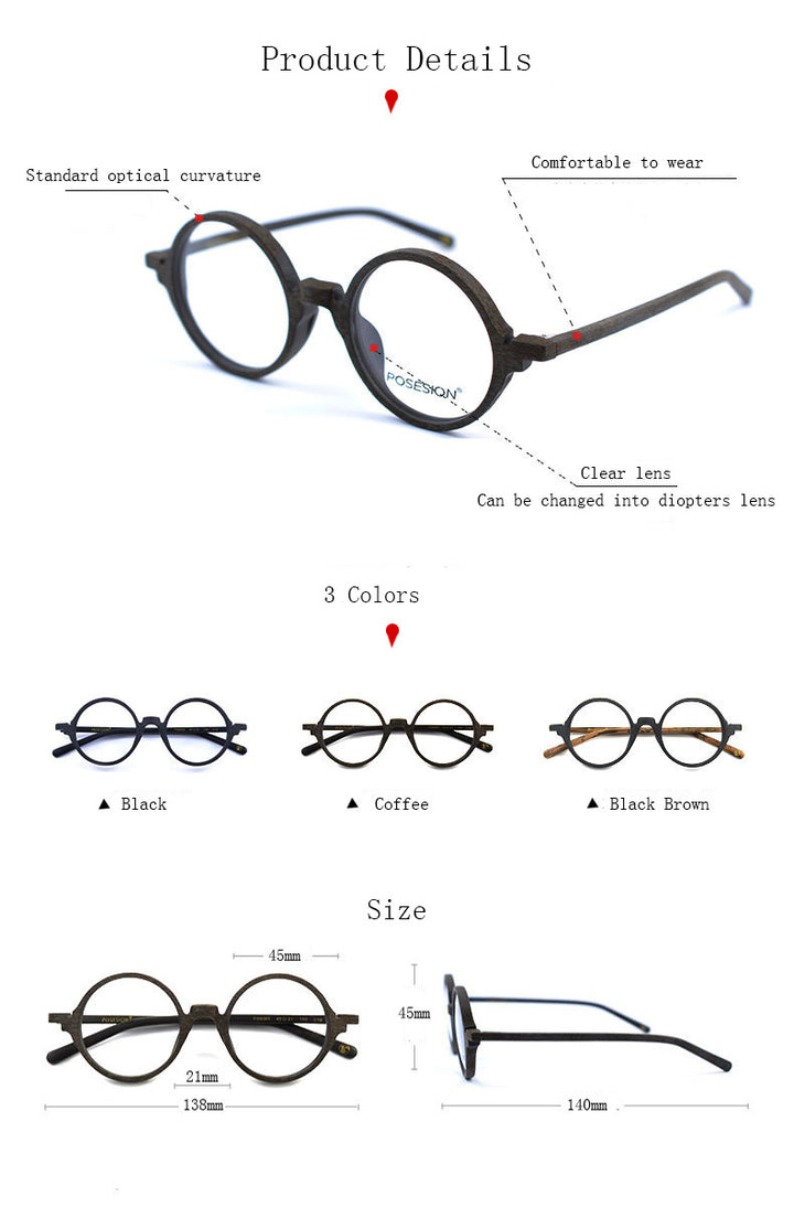Hdcrafter Unisex Full Rim Round Metal Wood Frame Eyeglasses Ps6083 Full Rim Hdcrafter Eyeglasses   